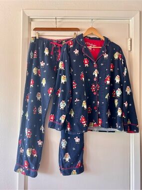 PJ Salvage Navy Fleece Pajama Shirt and Pants Multicolor Penguin Print Large